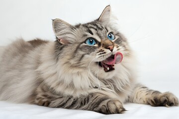A fluffy siberian cat with striking blue eyes is captured mid lick its pink tongue extending to taste something delicious against a clean white background