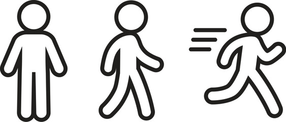 Simple stick figure human icon: standing, walking and running. Black outline symbol, vector illustration set.