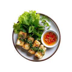 Pan-Fried Tofu with Herbs, Rice Noodles, and Chili Sauce - Vietnamese Cuisine
