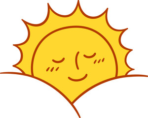 Sunrise doodle, cute cartoon rising sun with smiling face. Simple vector illustration.