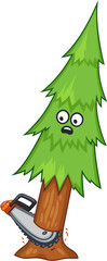 Fir tree character with scared face being cut with a chainsaw. Cartoon vector illustration.