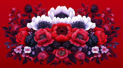 Fototapeta premium Red background floral arrangement, dark blooms, website header
