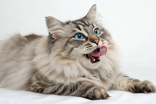 A fluffy siberian cat with striking blue eyes is captured mid lick its pink tongue extending to taste something delicious against a clean white background - Powered by Adobe