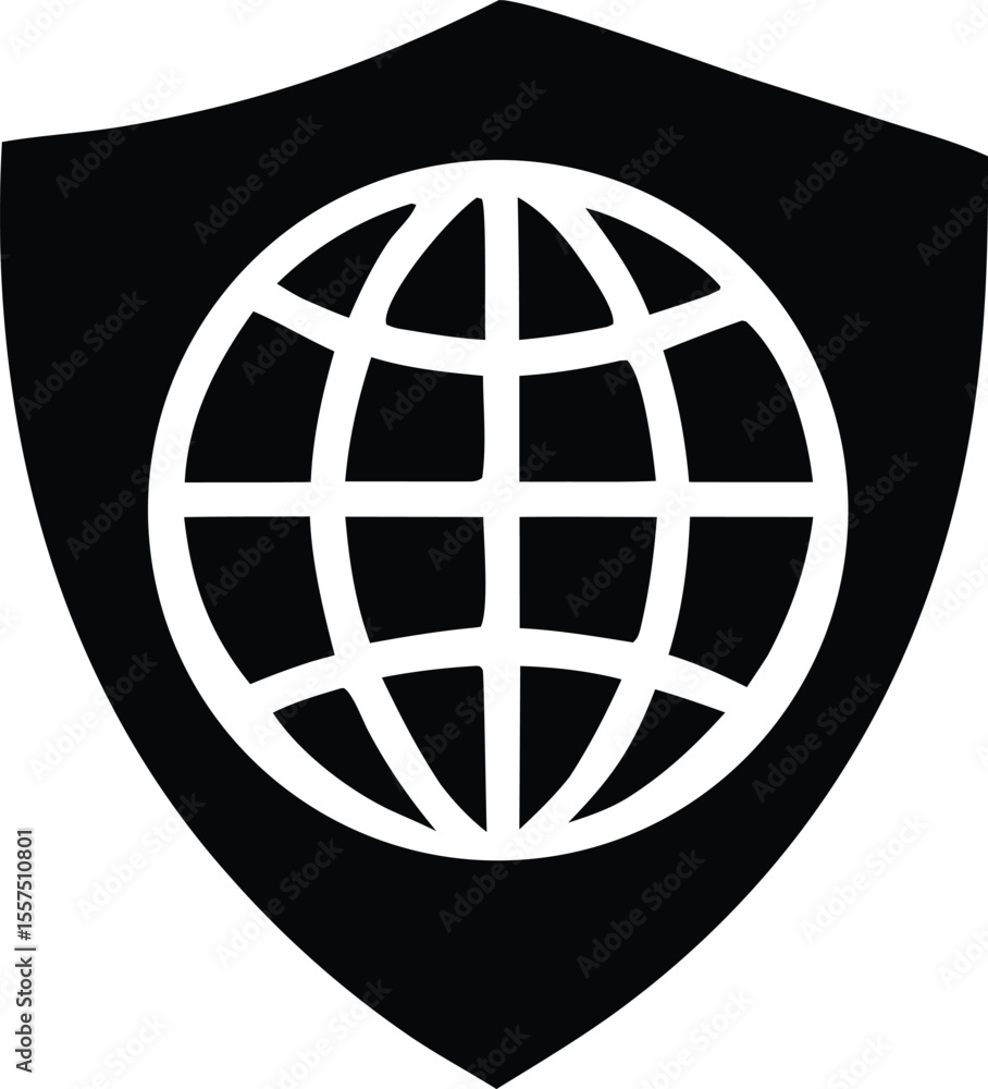 Poster black shield emblem featuring a white stylized globe with intersecting lines representing global con