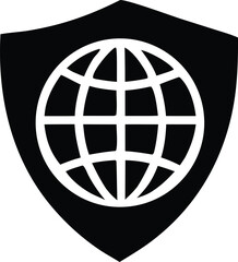 Black shield emblem featuring a white stylized globe with intersecting lines representing global connectivity and security