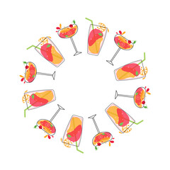 Frame, banner, fruit cocktails. Multicolored drinks in wine glasses. Mixed cold drinks. Alcohol, lemonade. Flat icons, white isolated background with place for text.
