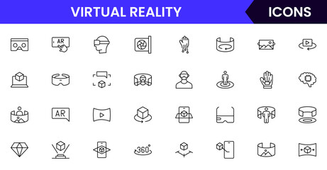 Vector illustration web line icon collection for Virtual Reality, featuring sleek headsets, controllers, and immersive digital worlds, designed with modern, minimalist aesthetics.