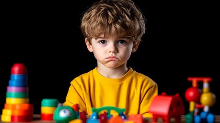 Obraz premium Sad toddler playing toys, dark background, studio shot, child development