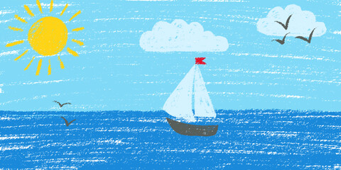 Sea summer beach landscape background. Crayon kid landscape with yacht boat. Vector ocean, yacht boat, sun, blue sky, cloud child wax pastel painting. Sea landscape crayon illustration background.