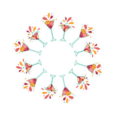 Frame, fruit cocktails. Banner with multi-colored drinks in wine glasses. Mixed cold drinks. Alcohol, lemonade. Flat icons, white isolated background with place for text.