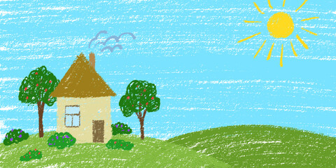 House and garden background. Crayon kid landscape with spring field. Vector green grass, house, sky, cloud child wax pastel painting. Spring nature meadow landscape crayon illustration background