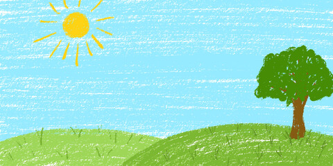 Grass and sky background. Crayon kid landscape with spring field. Vector green grass, flower, blue sky, cloud child wax pastel painting. Spring nature meadow landscape crayon illustration background.
