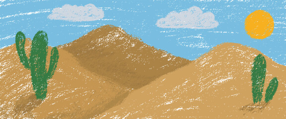 desert background. Crayon kid landscape with dry sand dunes. Vector sand dunes, cacti,, blue sky, clouds child wax pastel painting. Wild West desert landscape crayon illustration background.