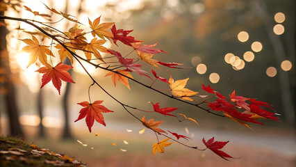 Autumnal Serenity Vibrant Maple Leaves in Warm Sunlight and Soft Bokeh Background an Enchanting Fall Scene