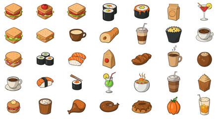 Colorful Food and Drink Icon Set – Sandwiches, Desserts, Beverages, and Snacks