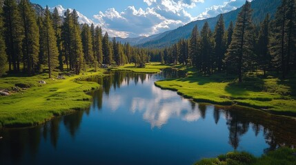 A serene mountain river flows through a lush green forest under a bright blue sky with white clouds and distant snow-capped peaks.