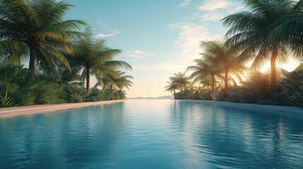 Tropical pool at sunset. Lush palms line a tranquil pool, leading to a serene horizon