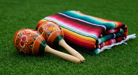 Colorful Mexican fiesta display with maracas and a vibrant traditional textile on green grass
