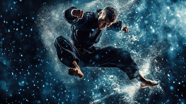 Male martial artist in dynamic action pose