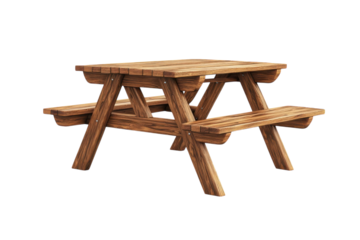 A rustic wooden picnic table weathered by time ready for summer gatherings with a dark stained on transparent background