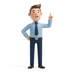 Fototapeta premium Happy cartoon businessman in a blue shirt and tie pointing his finger up with a great idea isolated on white background