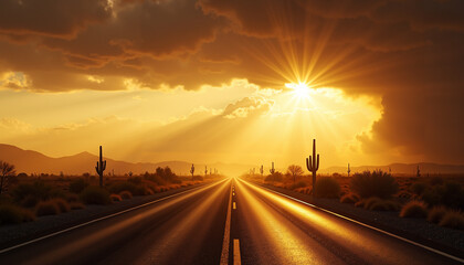 Obraz premium Desert highway under golden sunlight with approaching storm clouds 