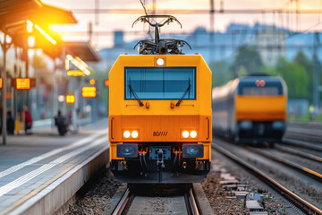Fototapeta premium Weather-resistant electric train gliding along the tracks captured in high definition showcasing modern rail travel