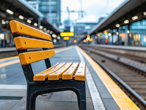Comfortable bench on a train platform inviting passengers to wait for their train with a scenic background