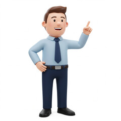 Friendly cartoon businessman in a light blue shirt and dark tie pointing upwards with his index finger isolated on white background