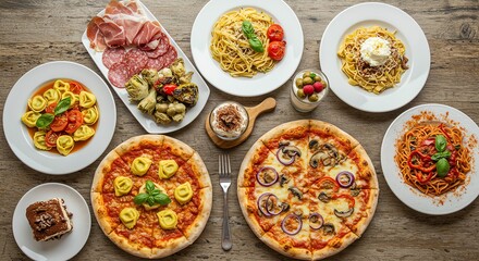 Italian Feast: Pizza, Pasta, and Antipasto on Rustic Wood Table
