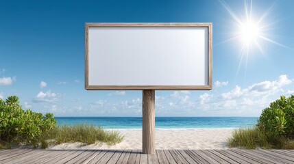 Exciting summer sale shopping tag billboard near ocean pier vibrant poster displaying discounts in a retro beach environment