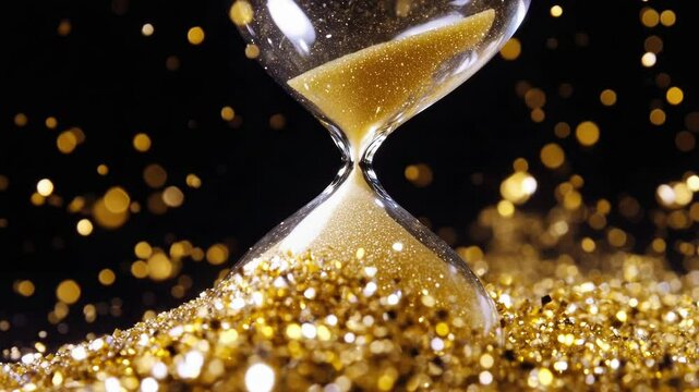 Golden sand timer with sparkling gold sand on a black background, suggesting luxury and the value of time.