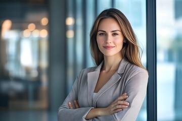 confident businesswoman standing with arms crossed, modern office background, soft lighting 
