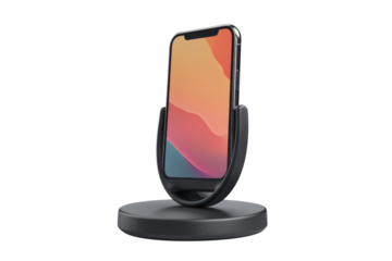 A modern smartphone with a vibrant gradient display resting in a sleek black stand ideal for on transparent background