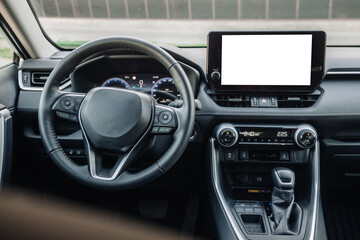A close-up of the gearbox of a modern, new car. Concept of stylish design, shopping, and car parts.