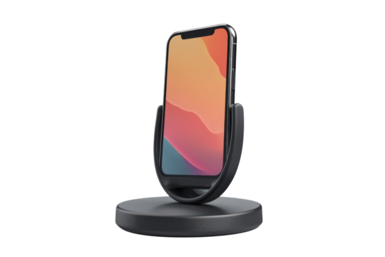 A modern smartphone with a vibrant gradient display resting in a sleek black stand ideal for on transparent background