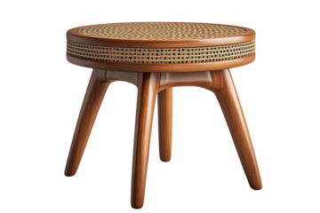 A handcrafted woven stool inviting conversations in sunlit homes with a circular cane top and on transparent background