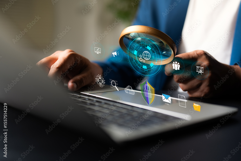 Poster a man using laptop computer on office desk. secure personal information, ai smart technology, intern