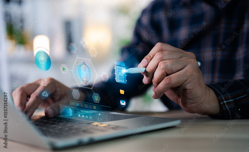 Poster businessman tools uses ai technology analyzing financial data stock market. ai learning and business