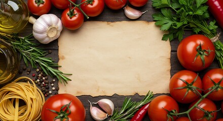 Rustic Italian Ingredients Frame Aged Parchment on Dark Wood Surface