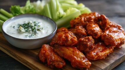 Spicy buffalo chicken wings served with celery sticks and a bowl of creamy ranch dip on a wooden board.