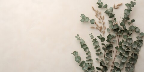 Obraz premium Elegant Eucalyptus Branches and Wheat Sprigs on Beige Background