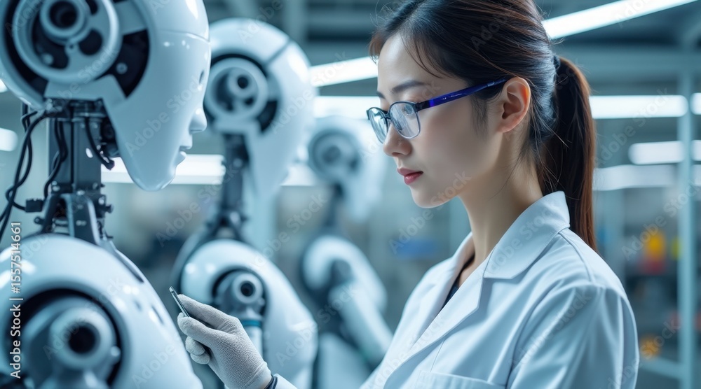 Poster a female engineer inspects a humanoid robot in a high-tech lab, highlighting advanced robotics and a