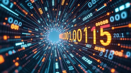 A dynamic digital tunnel of glowing numbers and data streams converging towards a bright central point, representing technology and information flow.