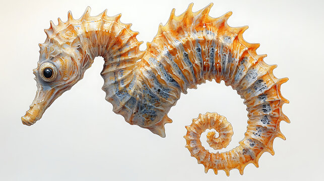 Detailed anatomical illustration of a seahorse, highlighting key features relevant to de-extinction projects, presented as a sharp and informative image against a white background 