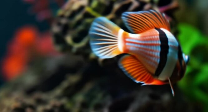 Clown Loach darting swiftly through freshwater tank, vibrant colors and motion captured in stunning ultra-HD video.

