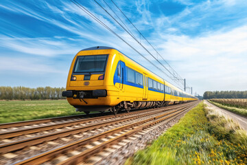 Fototapeta premium Electric train on track featuring passenger experience in motion captured in a high-quality 8k resolution shot