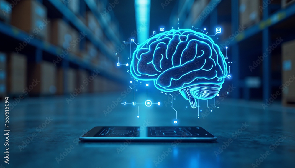 Poster futuristic digital brain concept visualizing data processing and warehouse automation system
