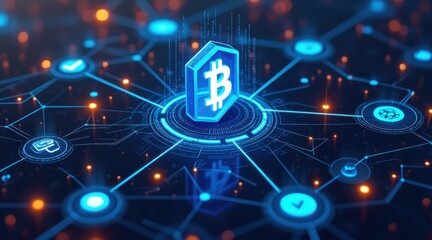 A glowing Bitcoin symbol at the center of a digital network, representing blockchain technology and cryptocurrency connections.
