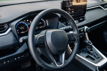 Close-up of the interior of a modern automobile. Interior details. Concept of auto parts, buying auto and interiors.
